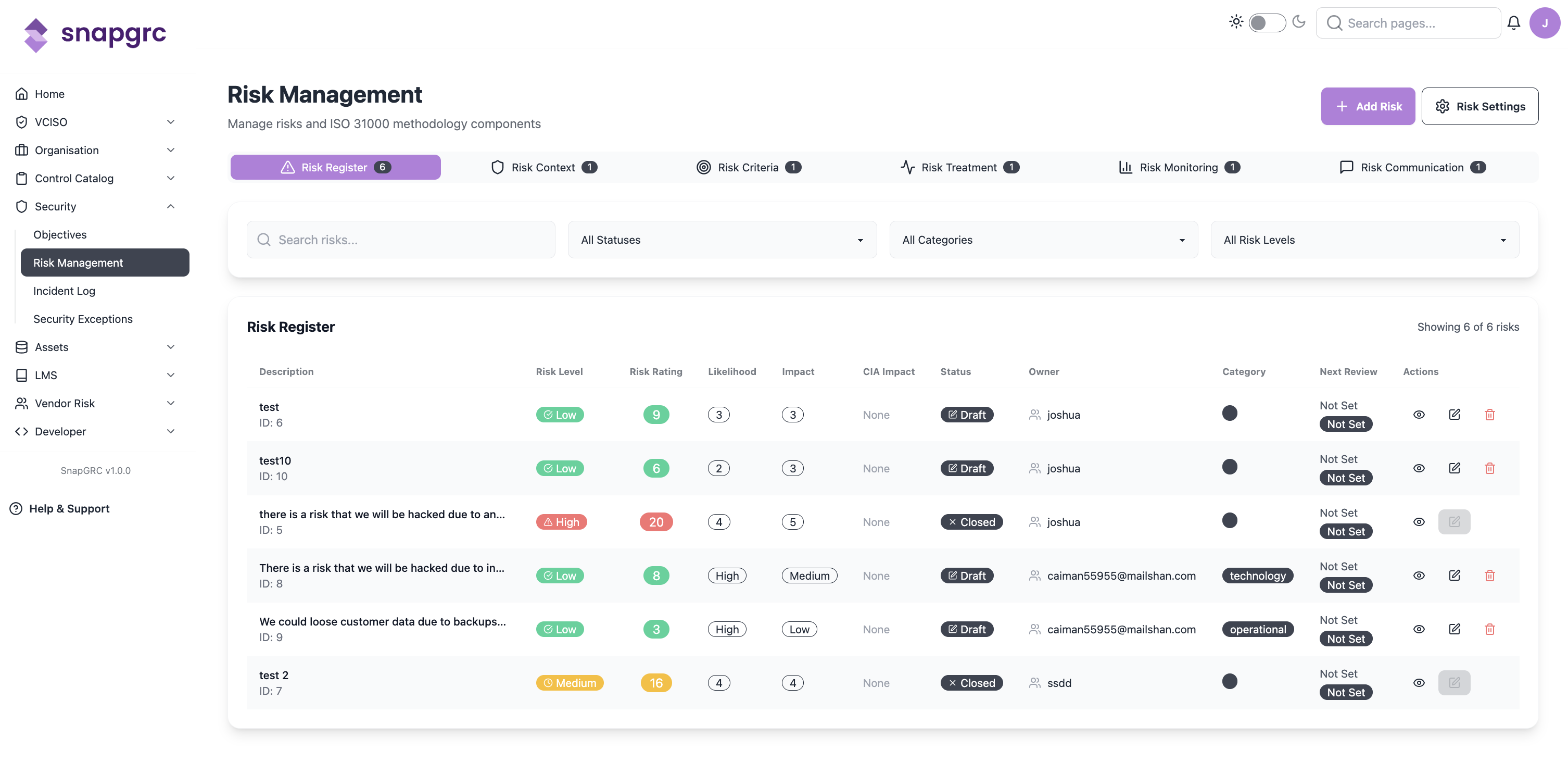Risk Register Dashboard